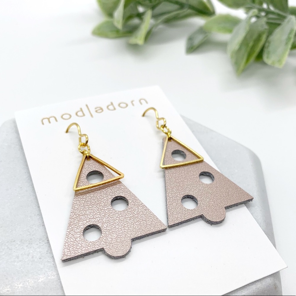 Modern Handmade Rose Gold Leather Christmas Tree Earrings with Gold Triangles